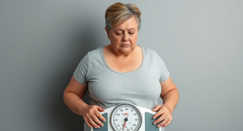 Unglückliche dicke Frau die vor einer Waage steht.